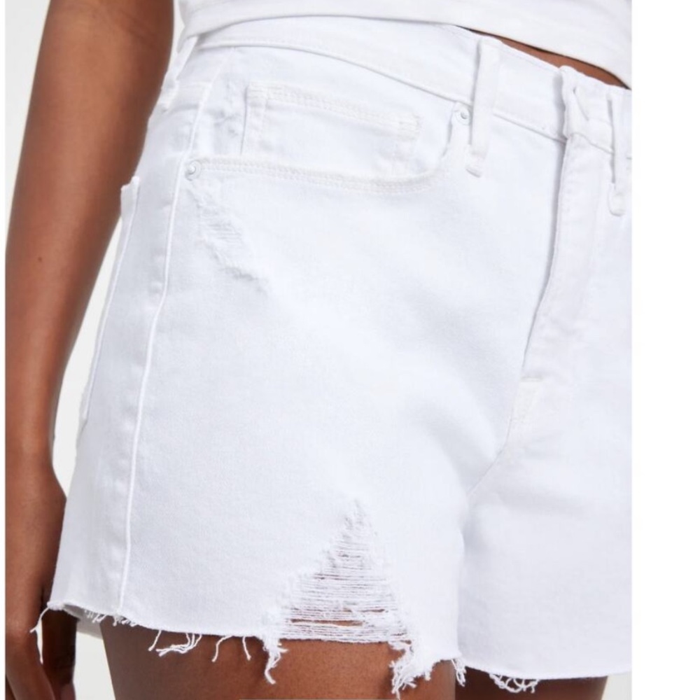 Good American Good 90's High Waisted Distressed Cotton Denim Shorts 15 White